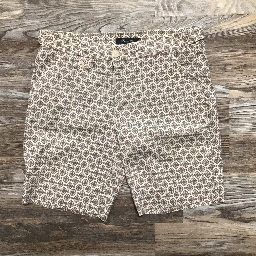 Level 99 Tan Blue Print Mid Rise Bermuda Shorts 30